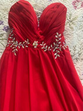 Long Red Formal Strapless Jeweled Dress Gown